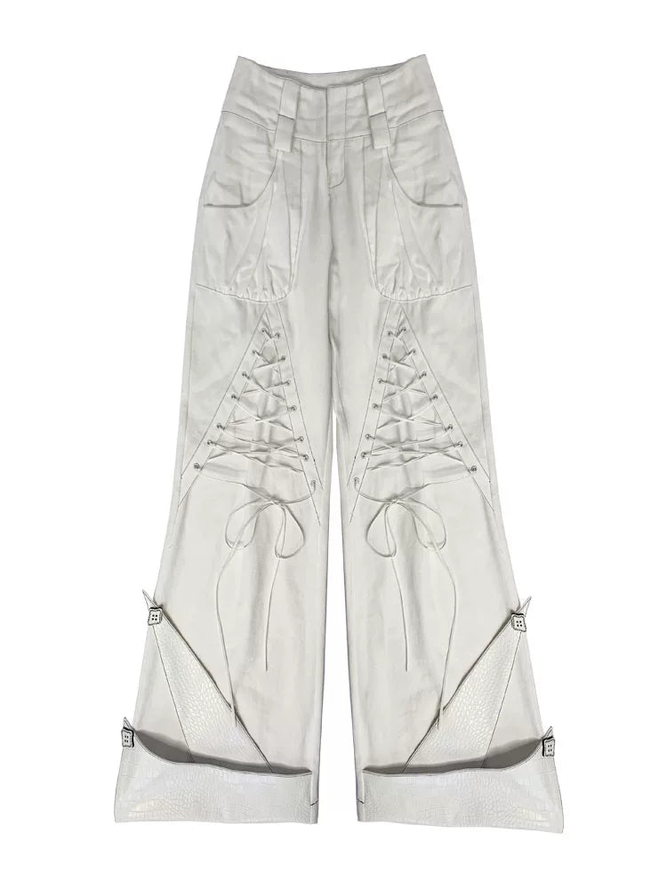 Tie-Strap Double-Waist Wide Leg Denim Jeans & Belt