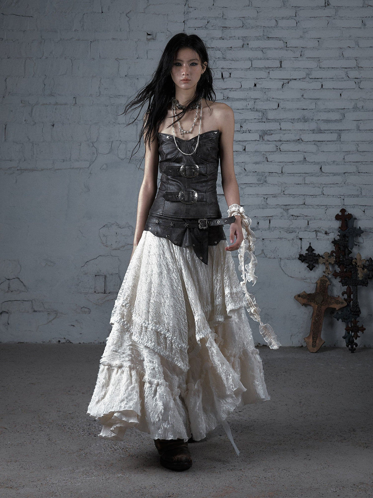 Asymmetric Lace Layered Belt Detail Skirt