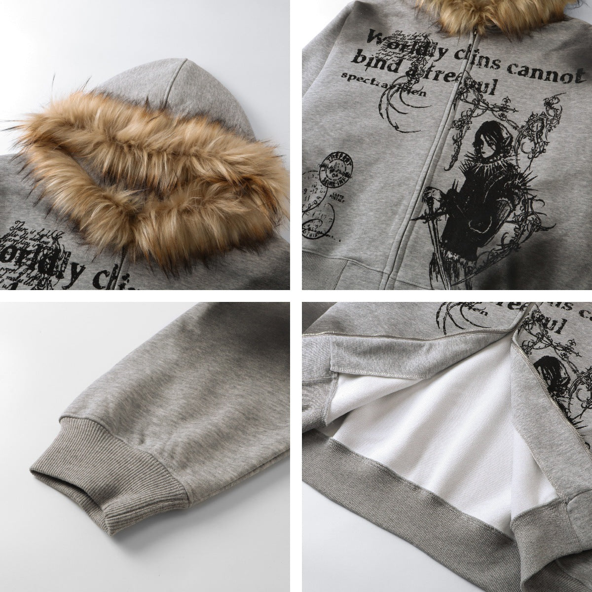 Sweat à capuche zippé imprimé avec col en fausse fourrure
