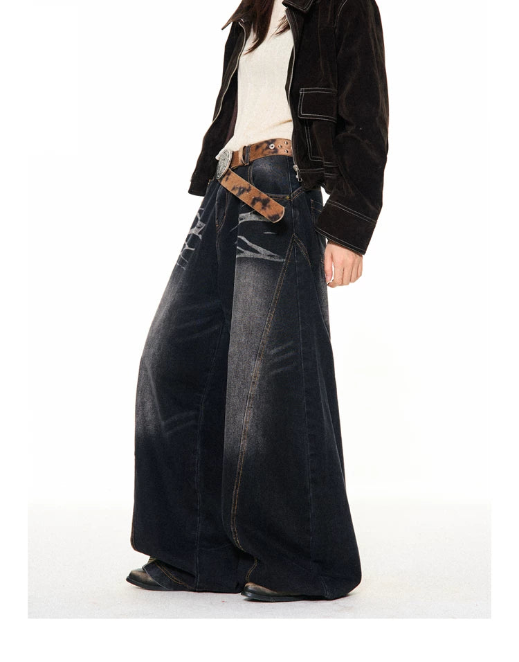 Washed Scratch Detail Wide Leg Denim Jeans