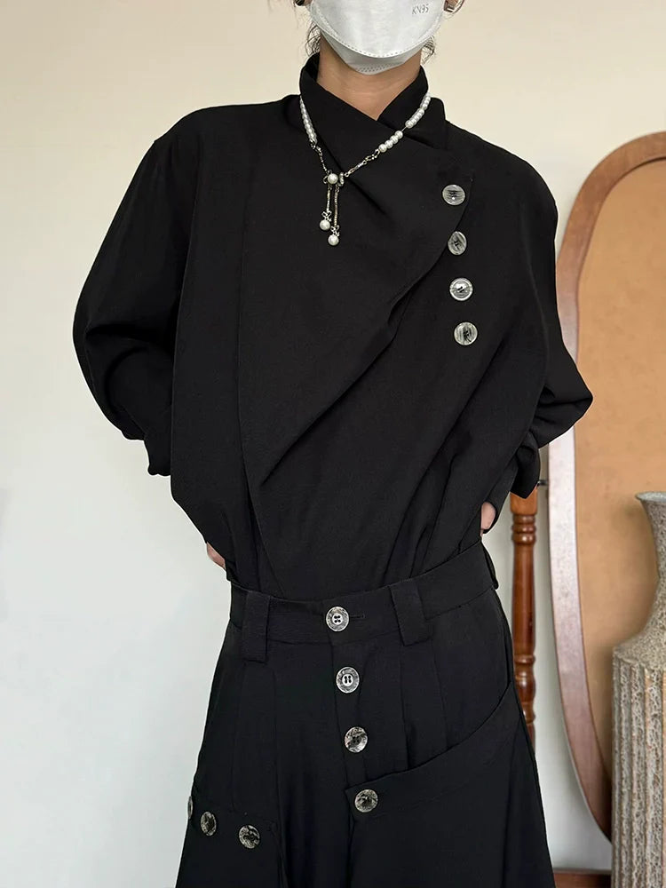 Standing-Collar Irregular Neckline Elegant Long Sleeve Shirt