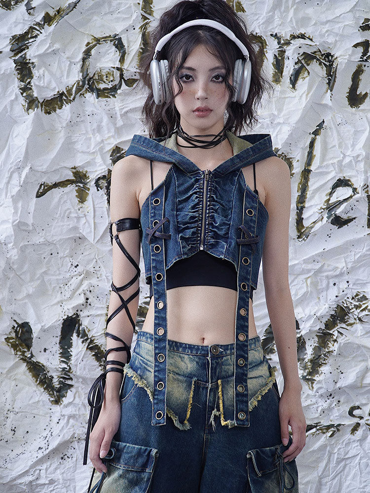 Denim Hooded Punk Zipper Vest