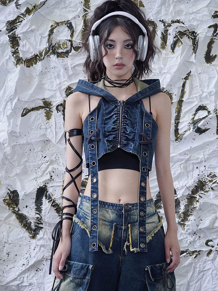 Denim Hooded Punk Zipper Vest