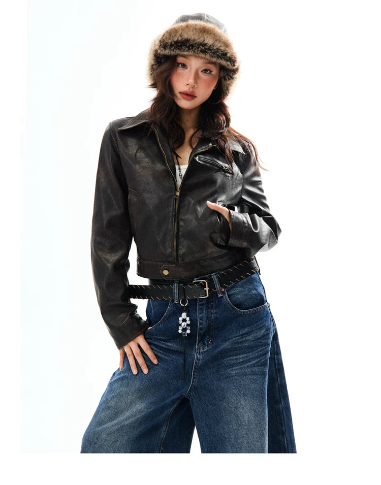 PU Leather Washed Zipper Short Length Jacket
