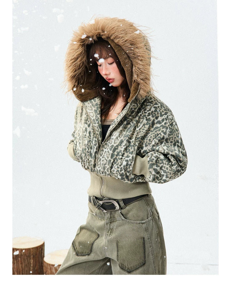 Leopard Print Fur-Trim Hood Puffer Jacket