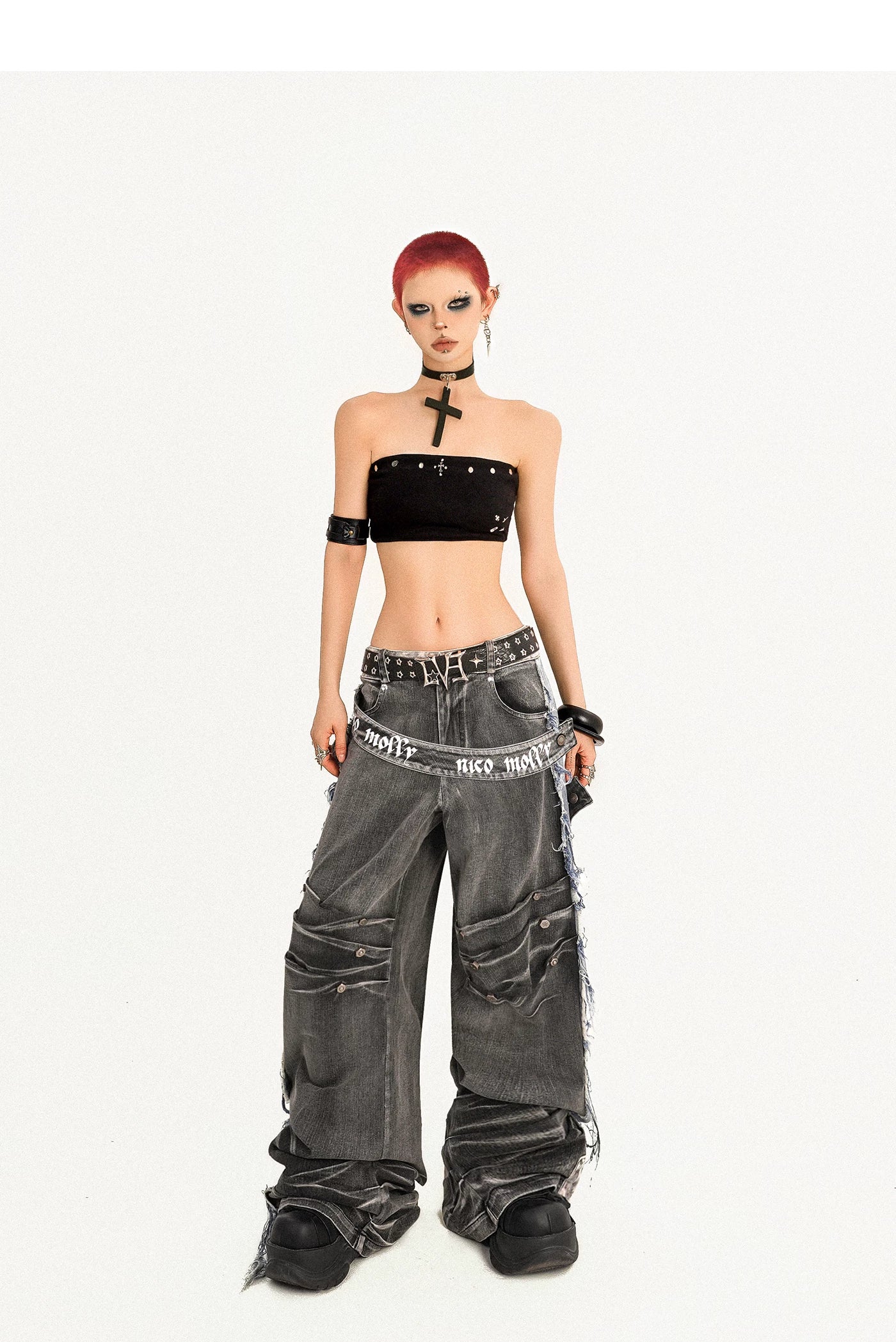 Damage Wash Raw Hem Wide Leg Denim Jeans