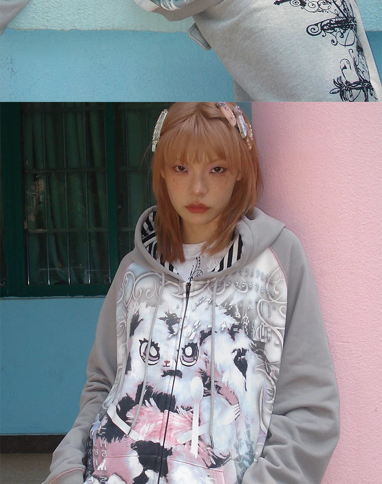 Sweat à capuche oversize à motif lapin avec fermeture éclair