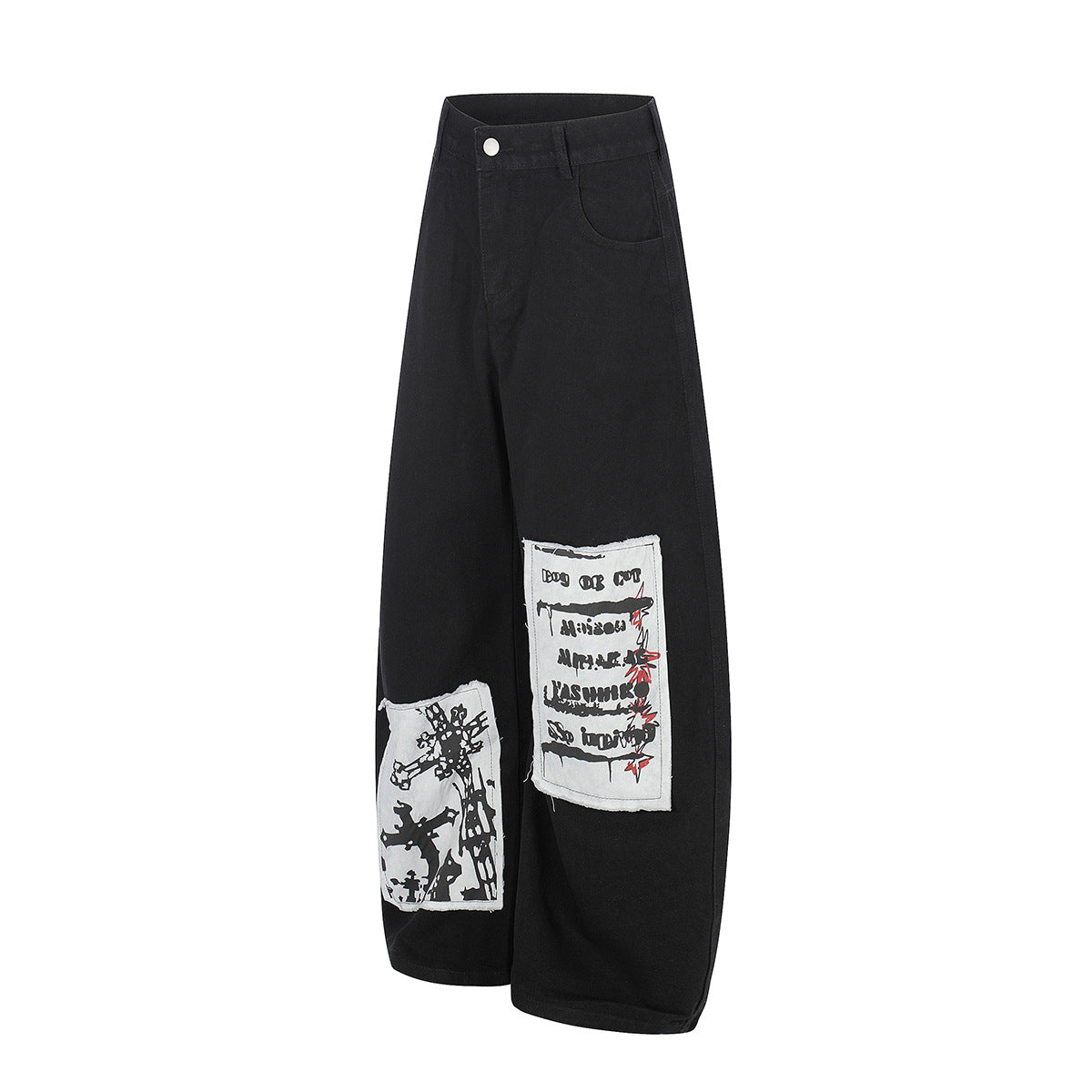 Applique Letter Print Wide Leg Denim Jeans