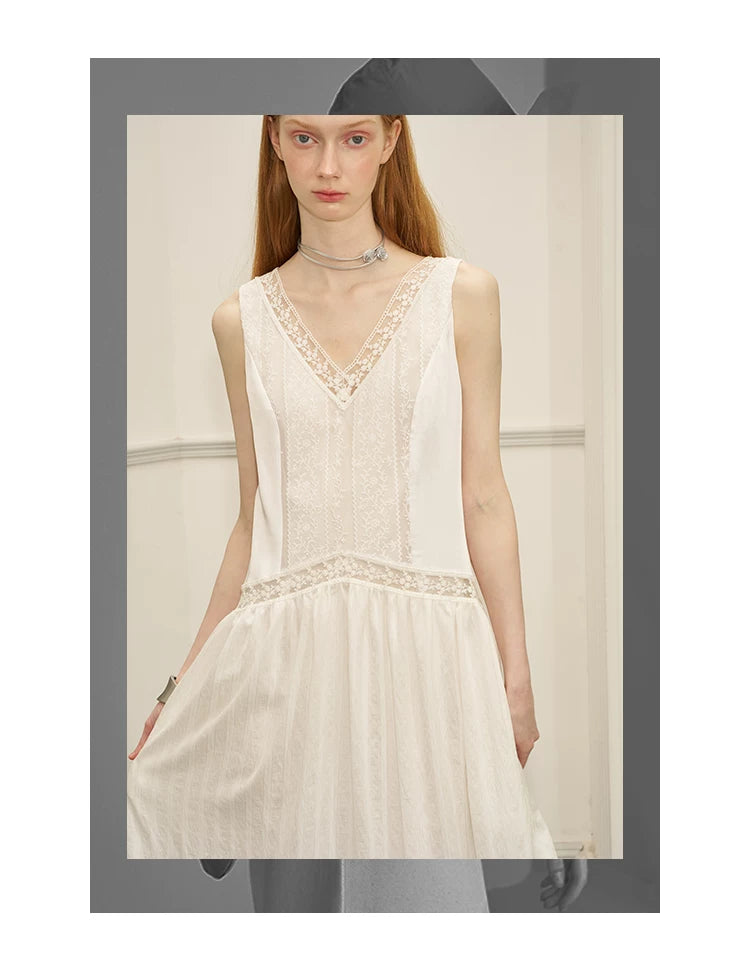 V-Neck Lace Stripe Splicing Sleeveless Long Dress