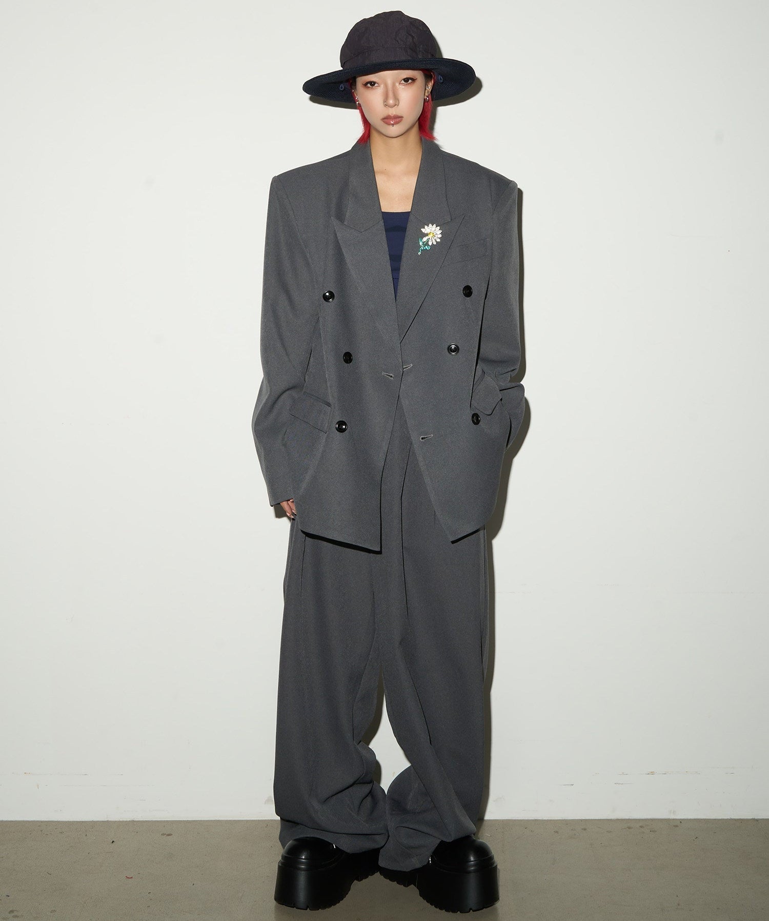 Daisy Brooch Double-Breasted Tailored Jacket & Straight Trousers Setup