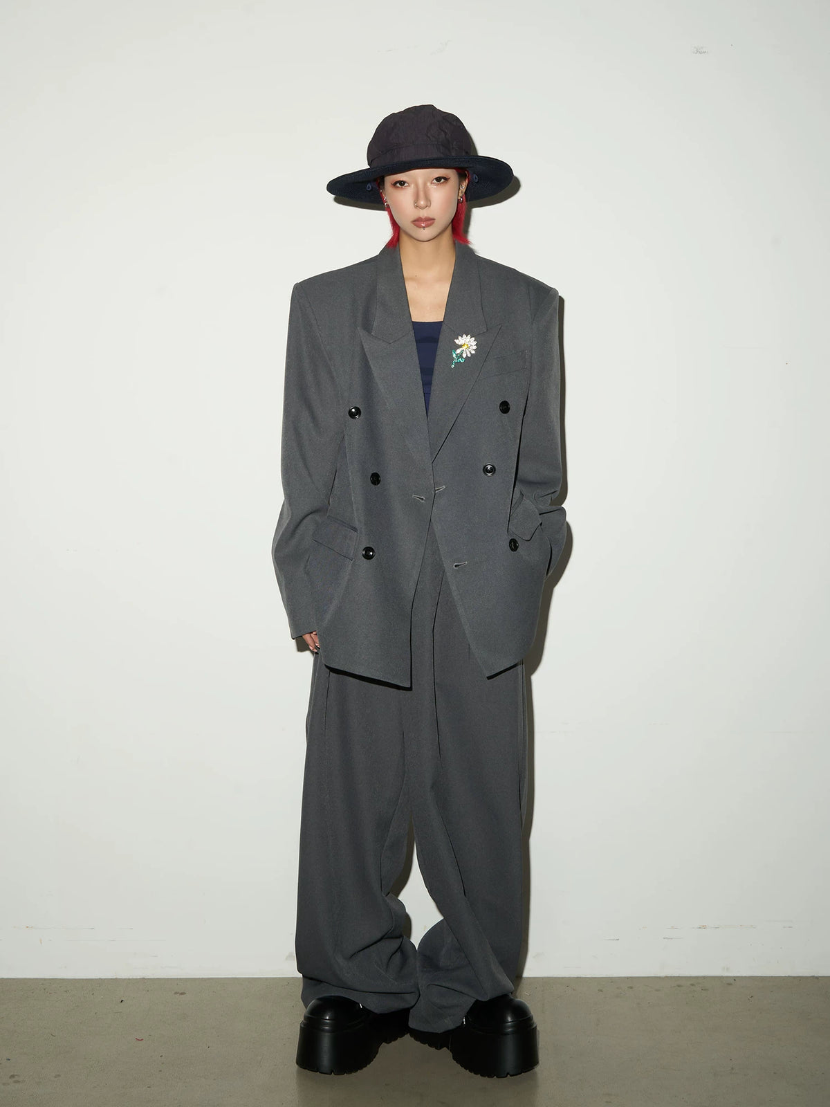Daisy Brooch Double-Breasted Tailored Jacket & Straight Trousers Setup