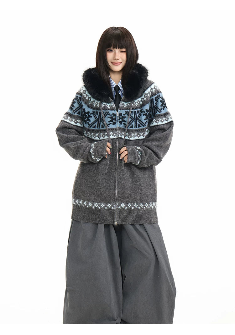 Fur Collar Fair Isle Hooded Knit Cardigan