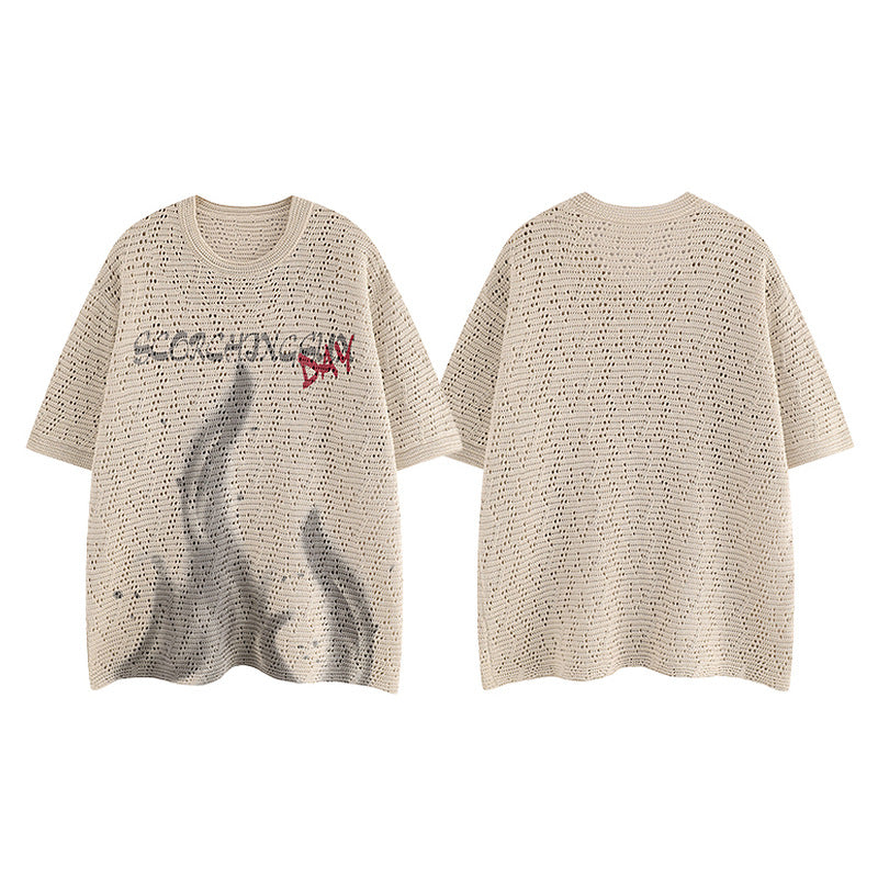 Feuer Ausschnitt Strick Kurzarm T-Shirt