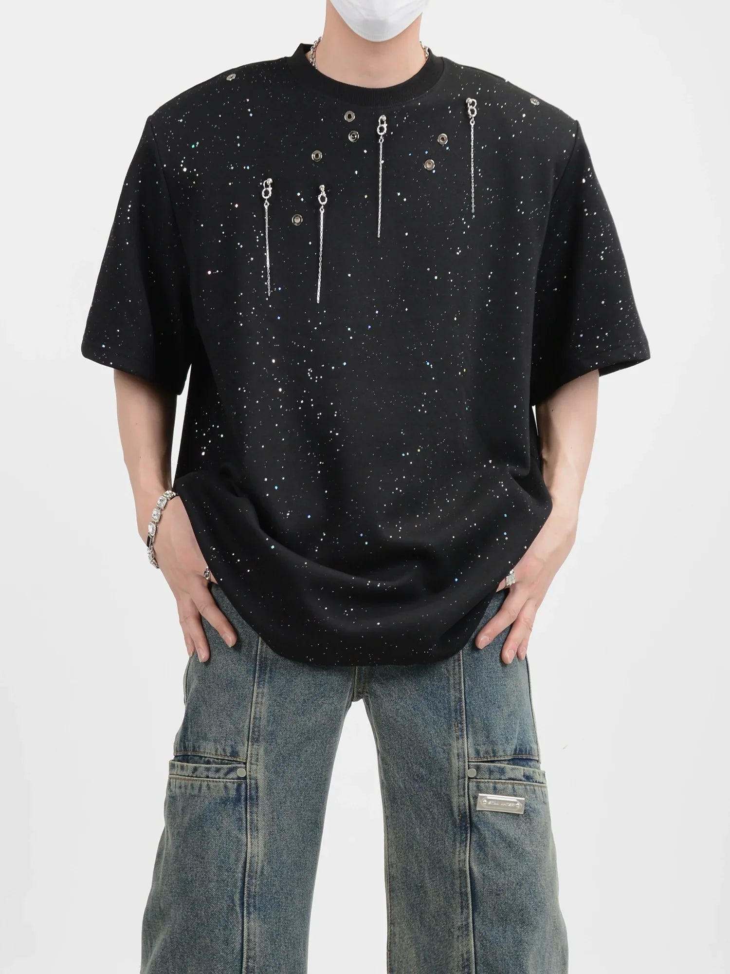 Metal Pendant Decoration Shoulder Pad Short Sleeve Shirt