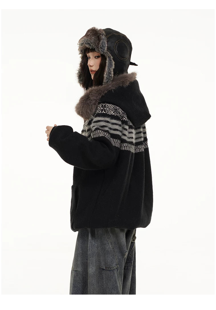 Fair Isle Hooded Detachable Fur Collar Knit Cardigan