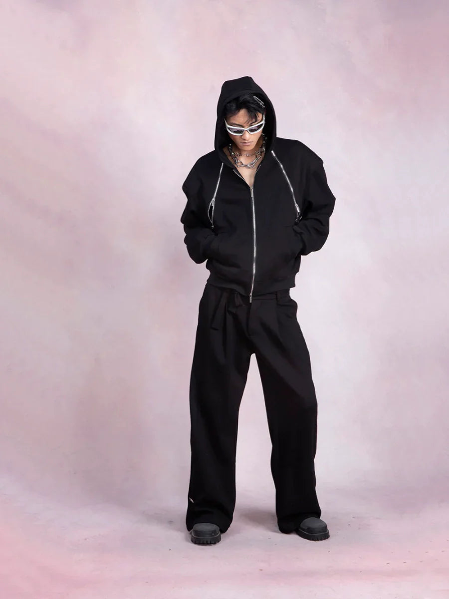 Double Zipper Hoodie & Wide-Leg Straight Sweatpants Setup
