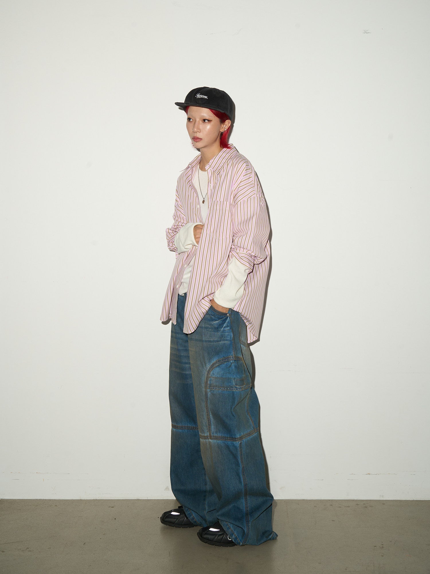 Washed Panel Strap Detail Wide Leg Denim Jeans