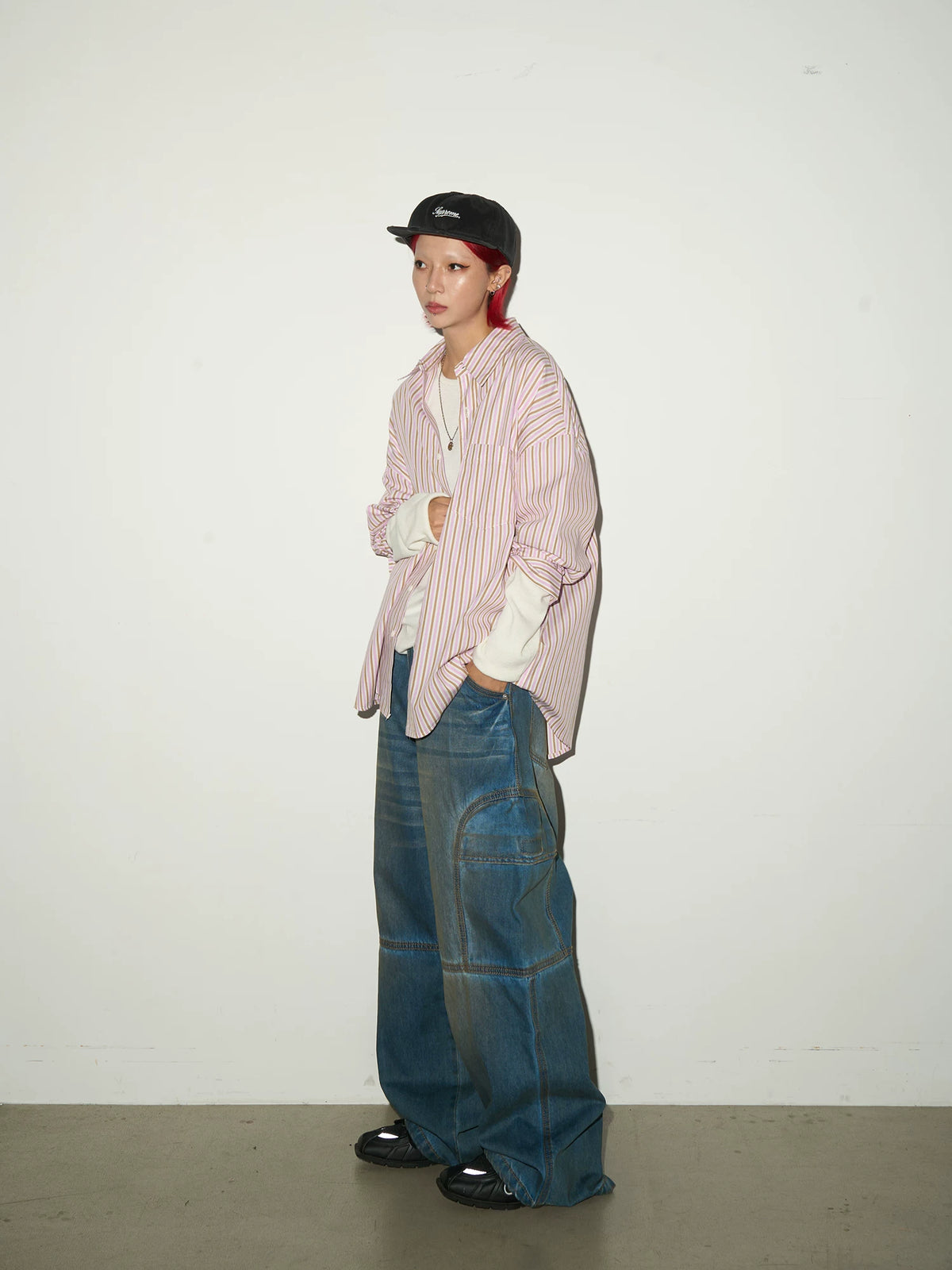 Washed Panel Strap Detail Wide Leg Denim Jeans