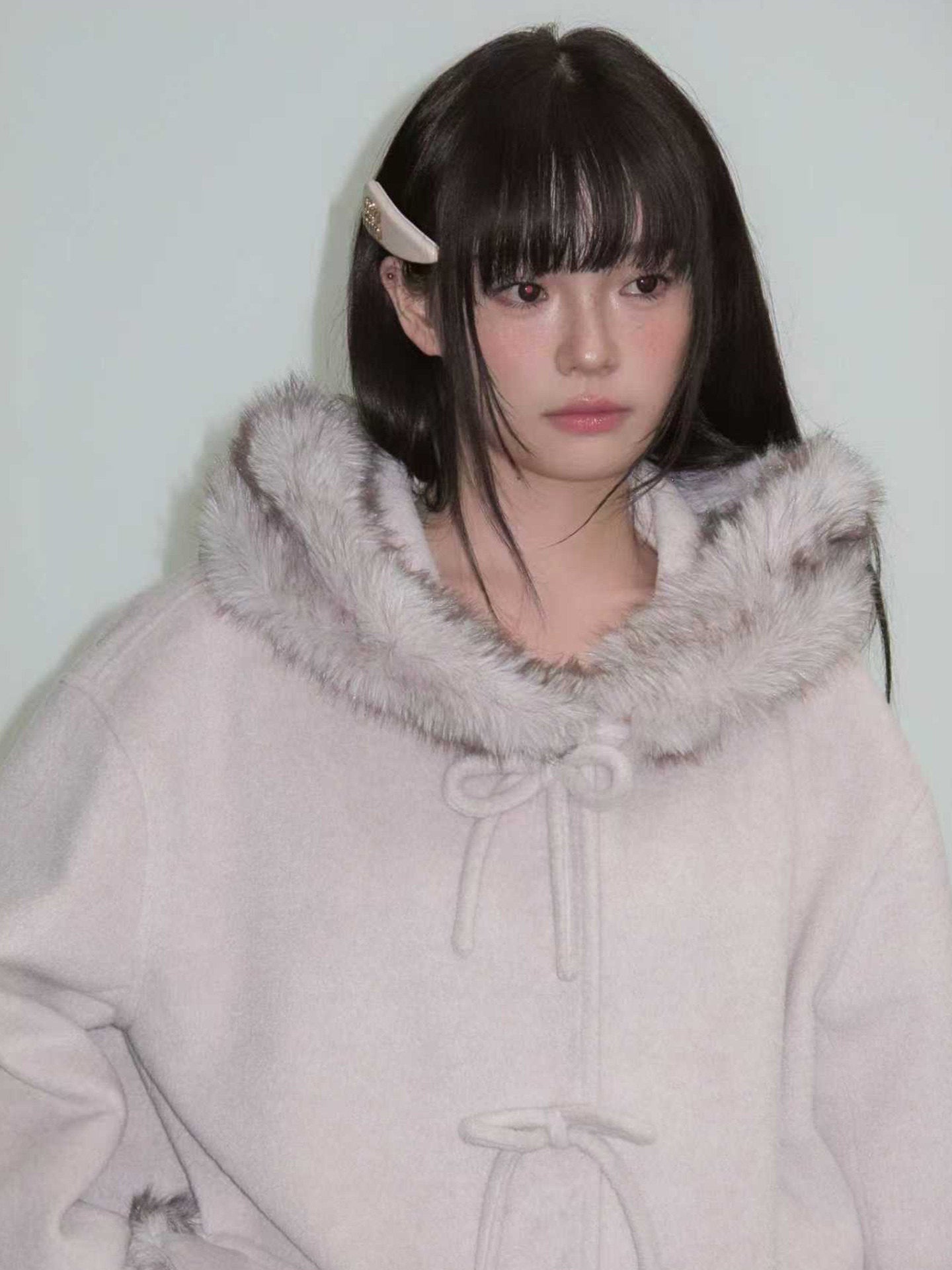 Bow Detail Fake Fur Trim Coat