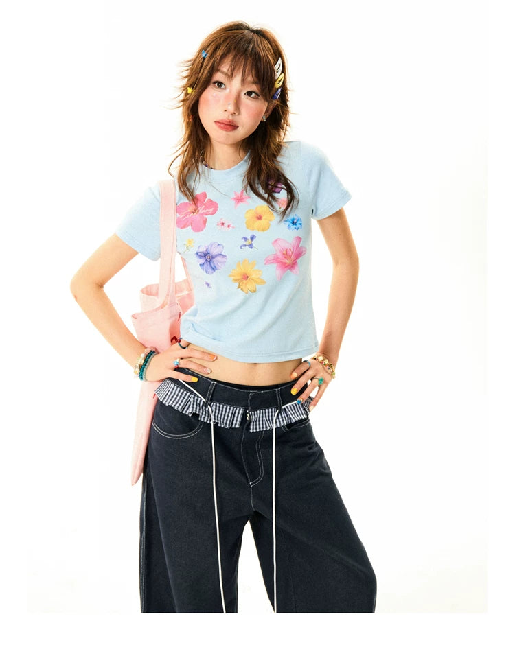 Flower Print Cropped Short Sleeve T-Shirt