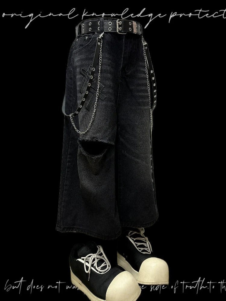 Letter Damage Wide-Leg Straight Half Denim Jeans & Belt & Chain