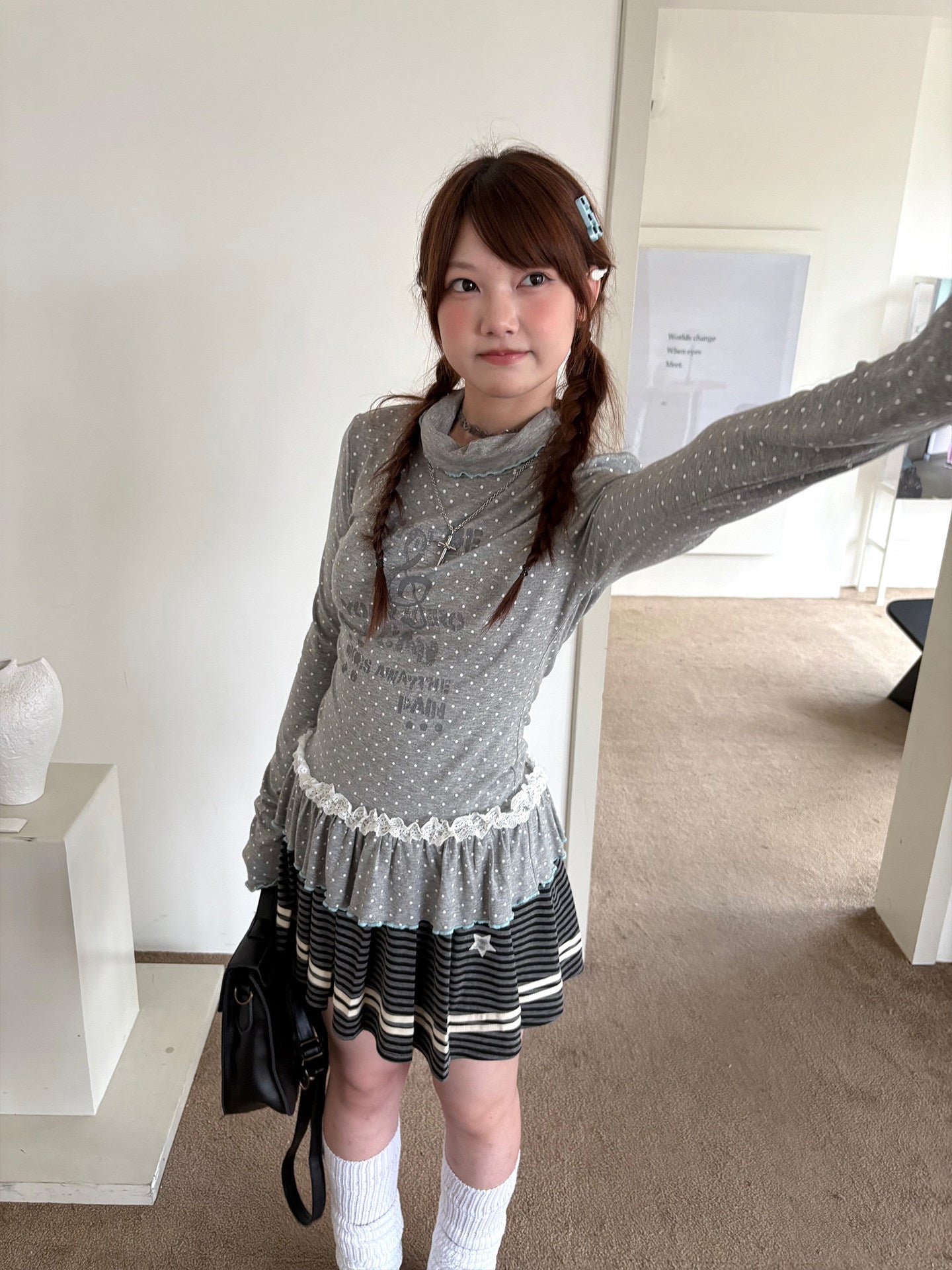 Polka Dot Lace High-Neck Long Sleeve T-Shirt