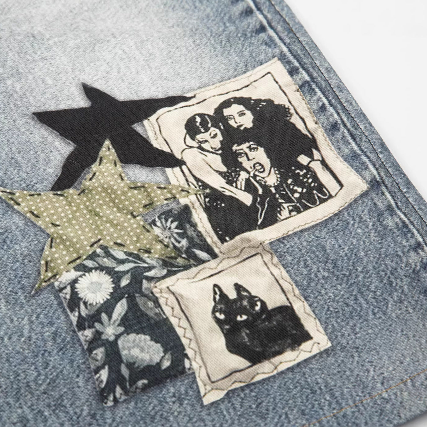 Washed Charm Patch Wide Leg Cropped Denim Jeans