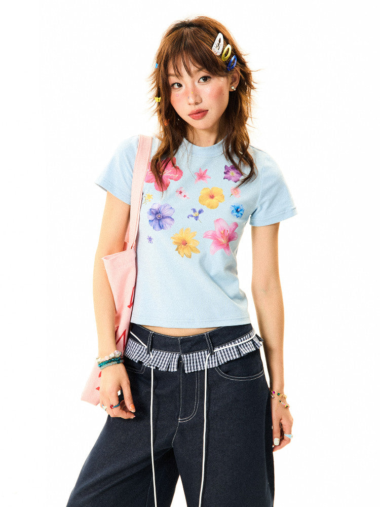 Flower Print Cropped Short Sleeve T-Shirt
