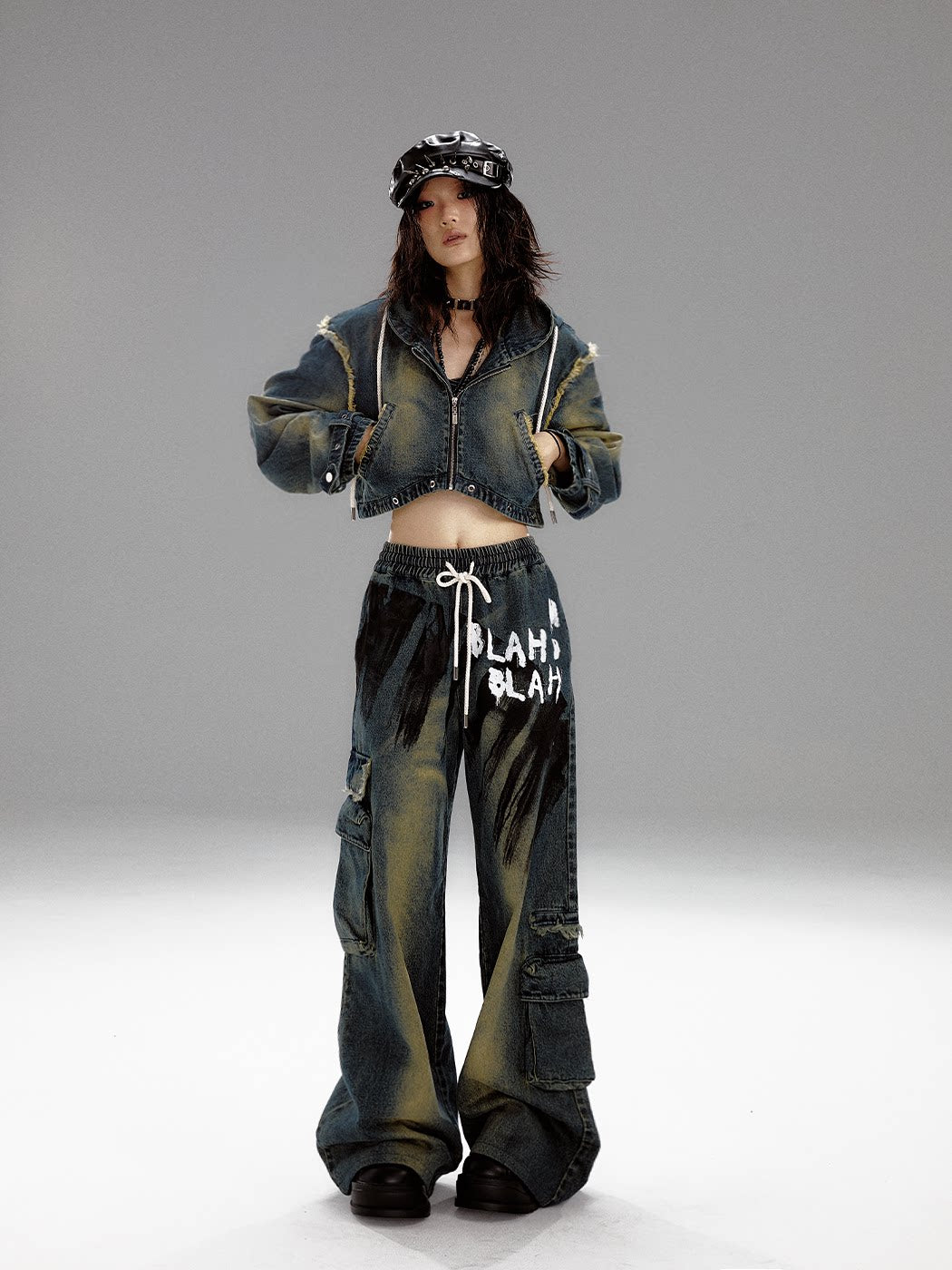 Washed Graffiti Wide-Leg Straight Dnim Jeans