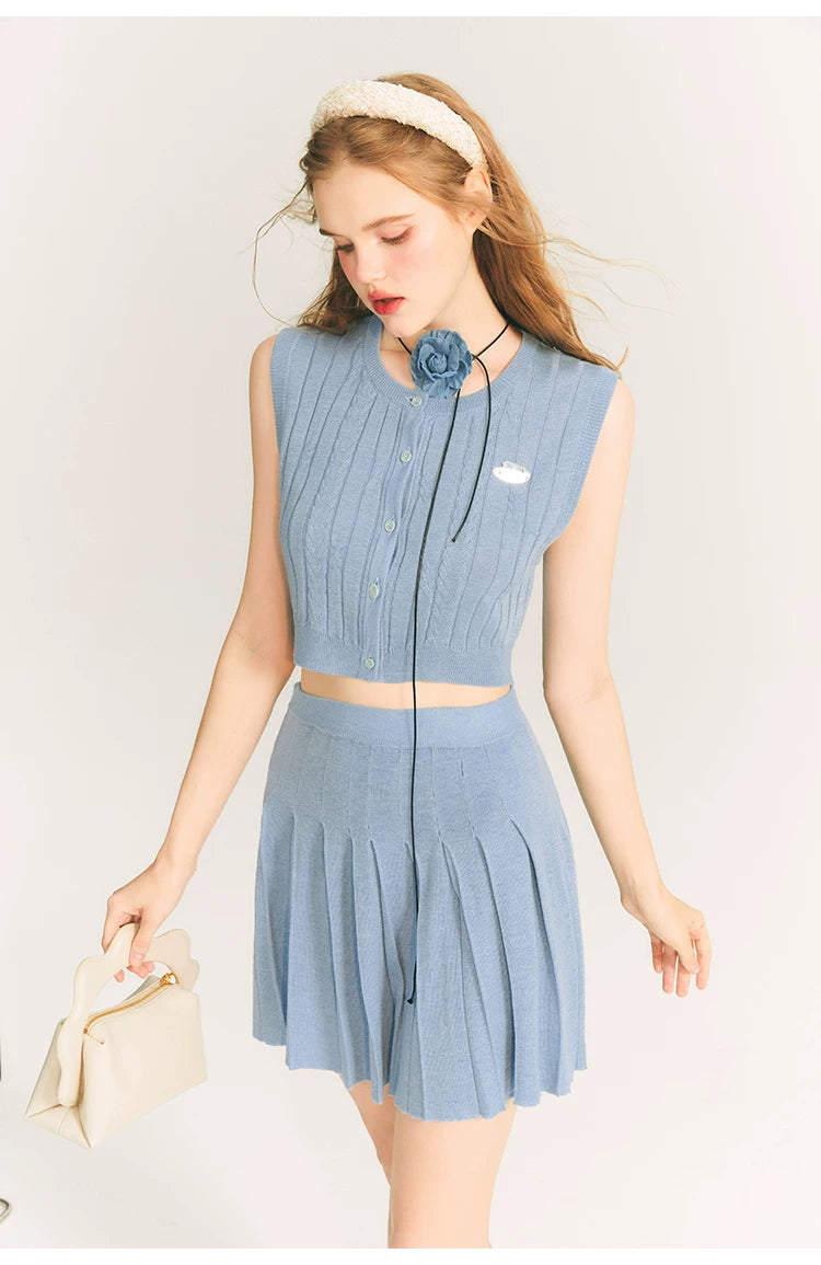 Button Knit Vest & Knit Pleated Skirt Setup