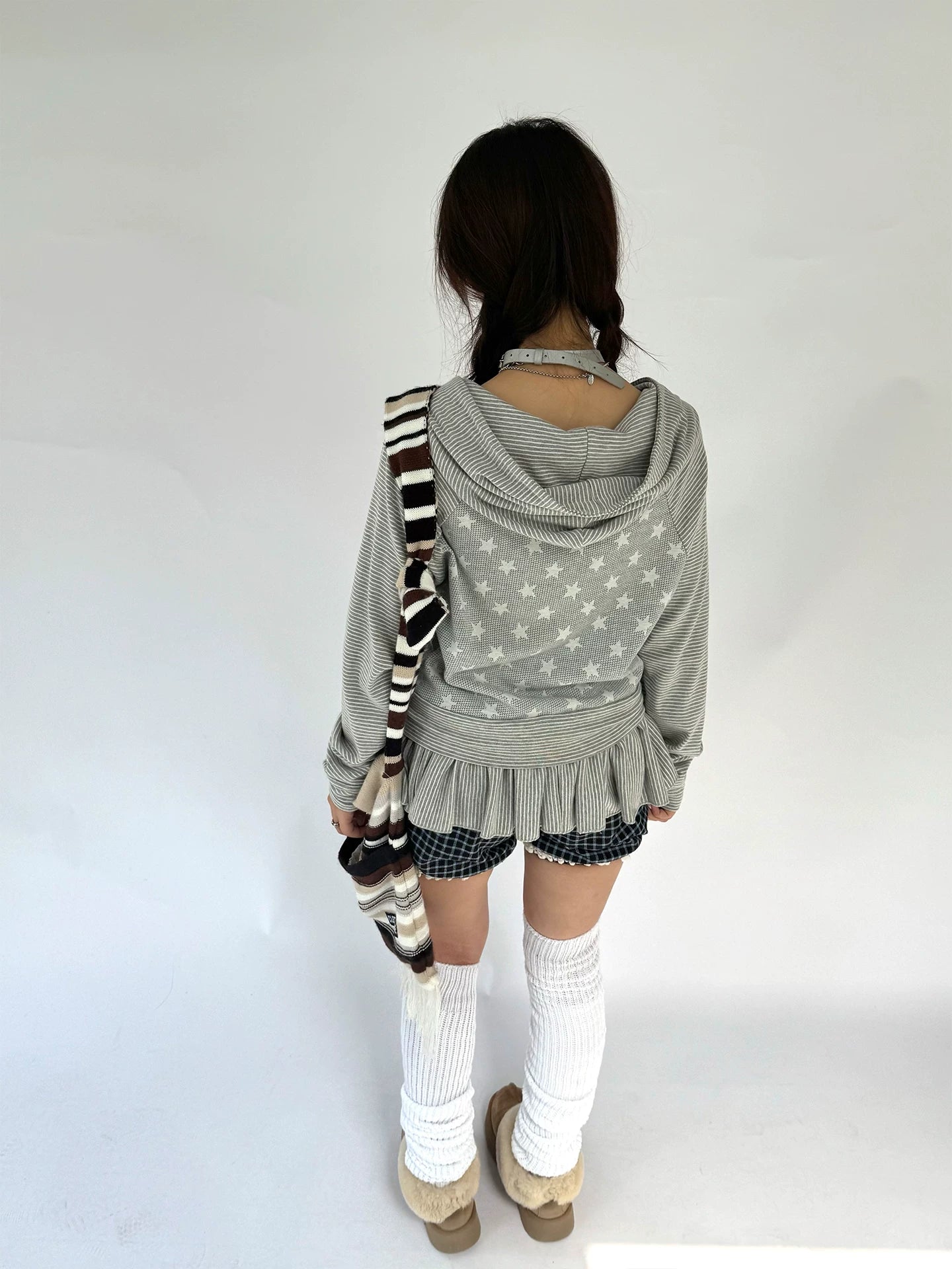 Striped Patchwork Hooded Drawstring Ruffle Jacket & Skirt Setup