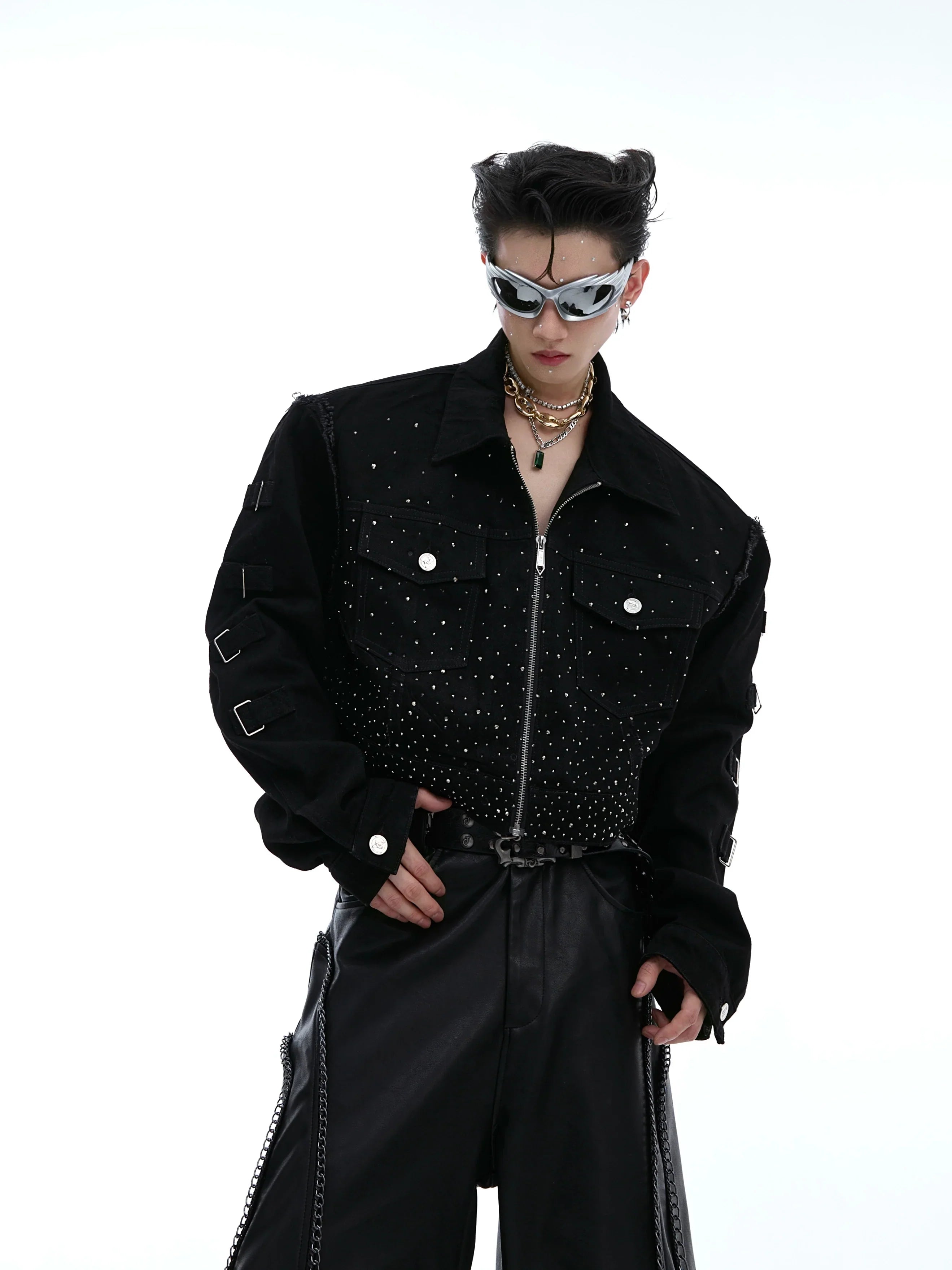 Shoulder Pad Rhinestone Cropped Zipper Denim Jacket