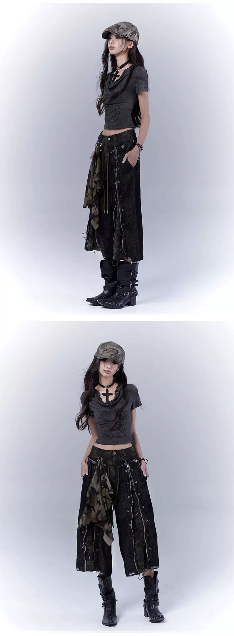 Camouflage Lace-Up Damage Cropped Denim Jeans & Scarf Set