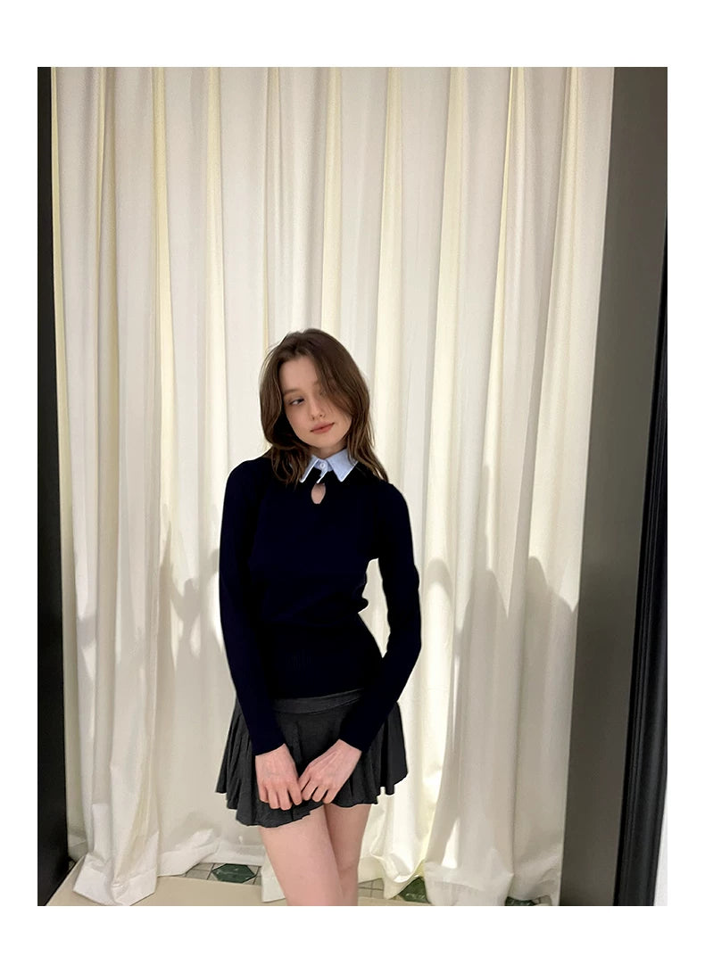 Collar Knit Sweater & Pleats Short Skirt Setup