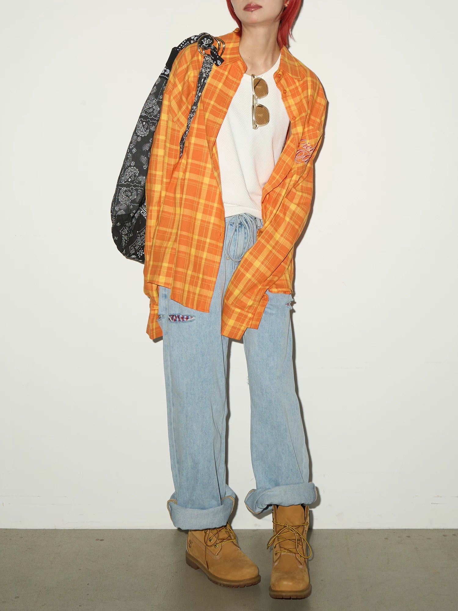 Plaid Embroidery Print Oversize Long Sleeve Shirt