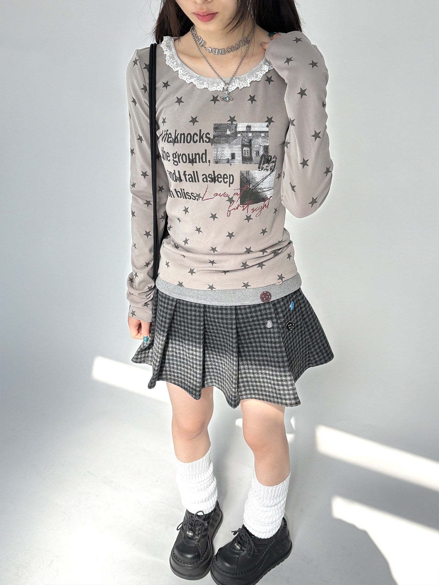 Star Print Lace Trim Fitted Long Sleeve T-Shirt