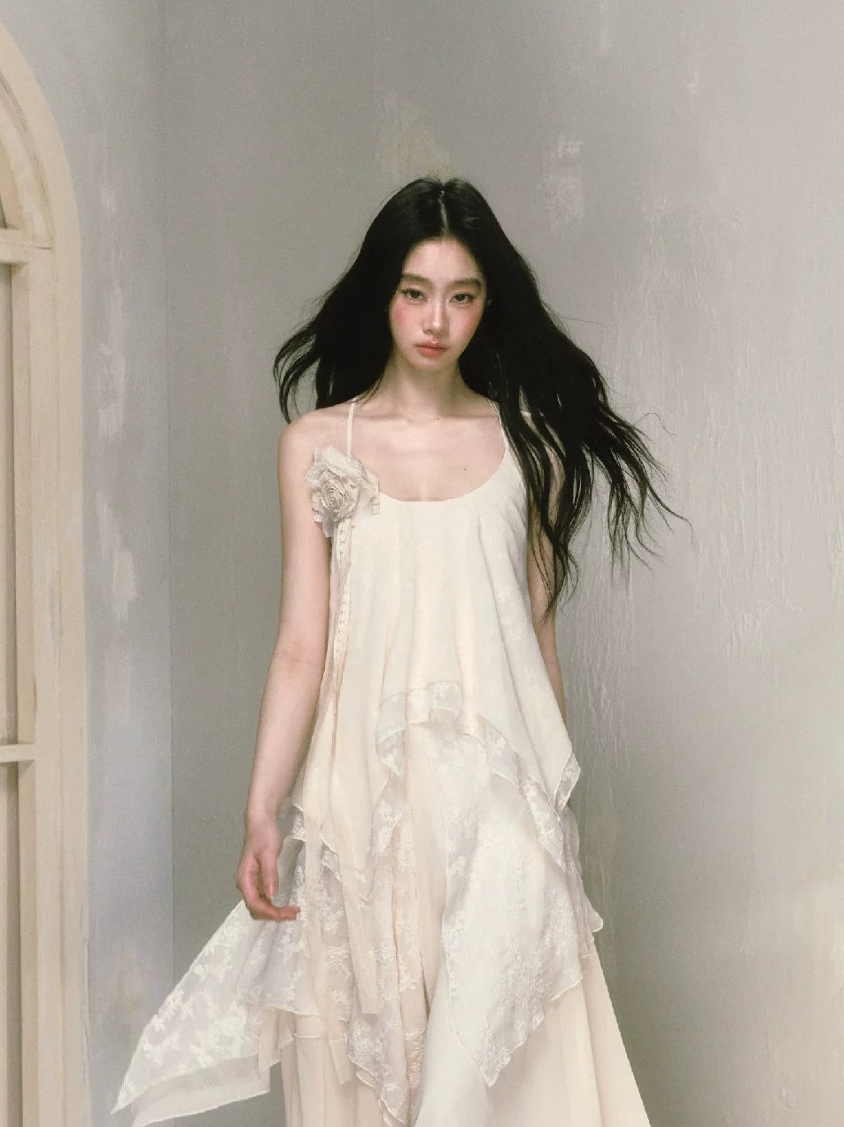 With Brooch Irregular Camisole Dress & Long Sleeve Shirt Setup