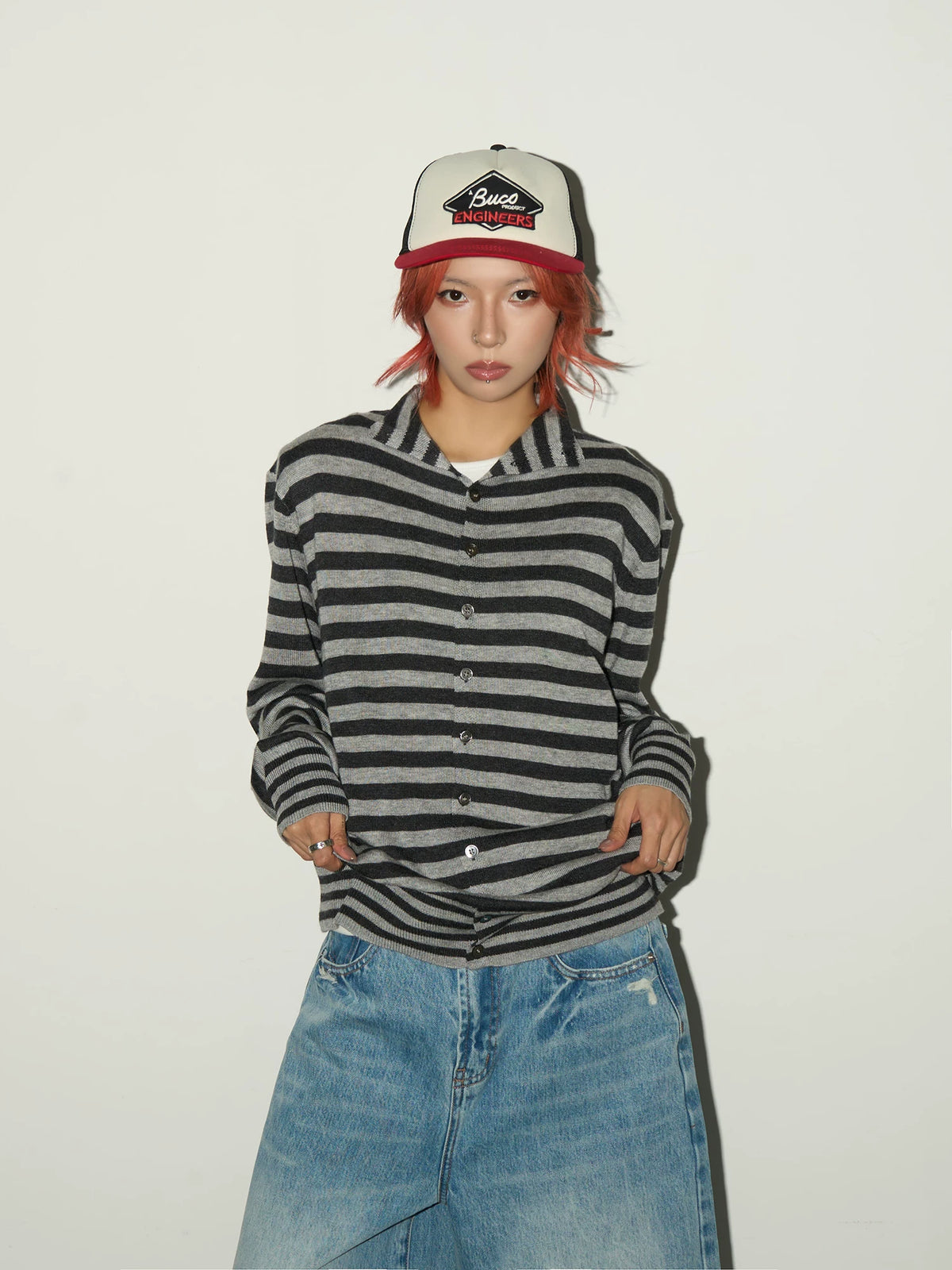 Contrast Stripe Wool Knit High-Neck Cardigan