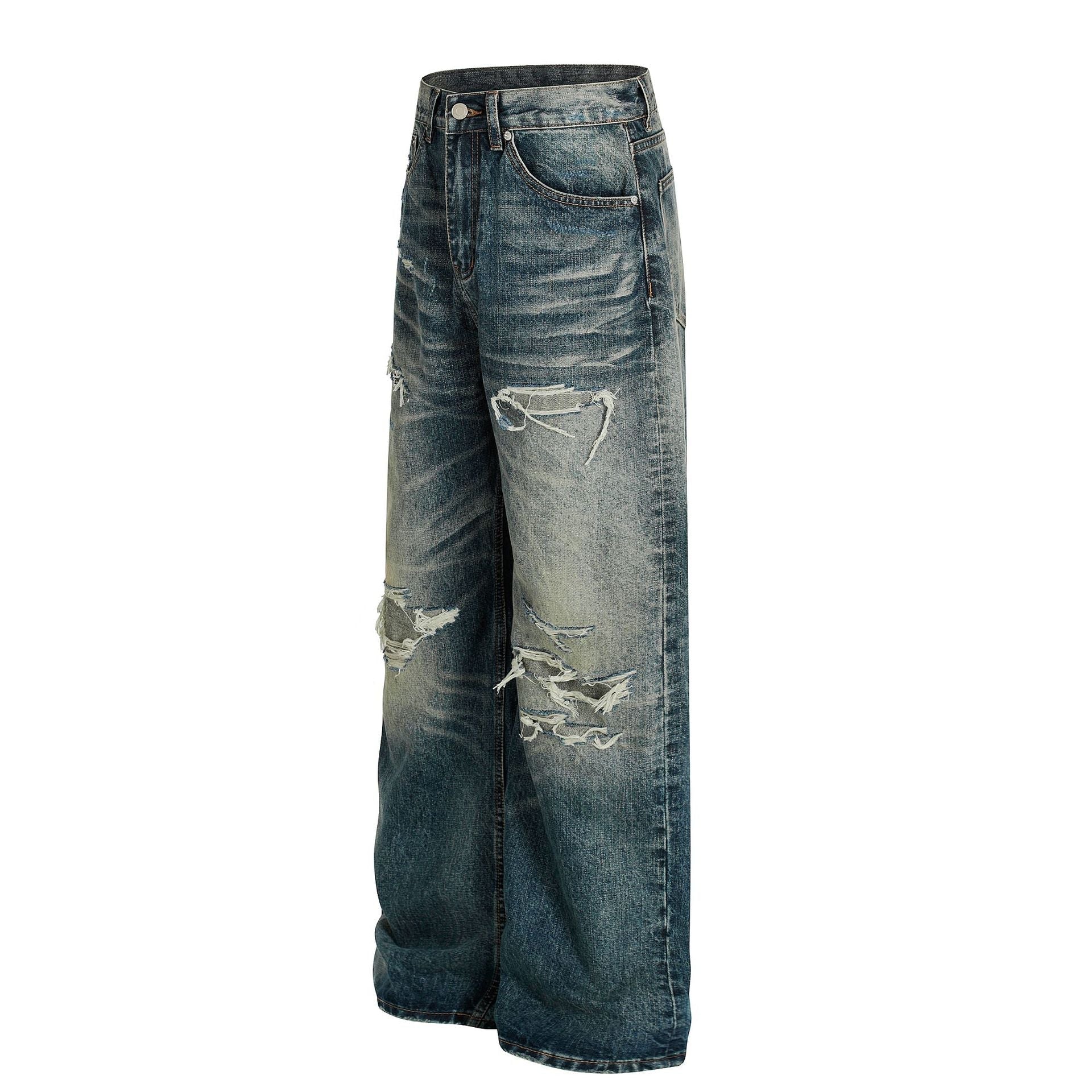 Damage Whisker Wash Straight Denim Jeans