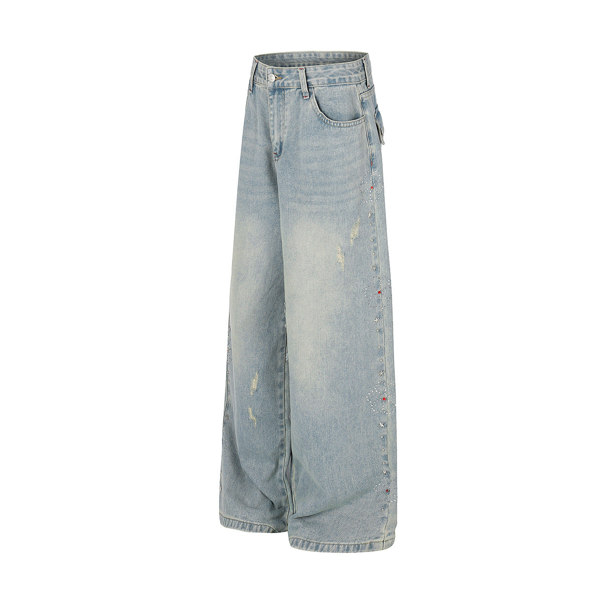 Washed Paint Studs Detail Wide Leg Denim Jeans