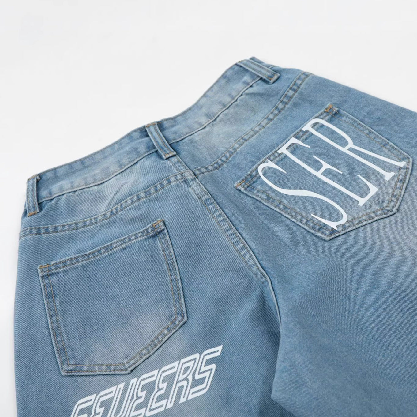 Washed Letter Print Wide Leg Denim Jeans