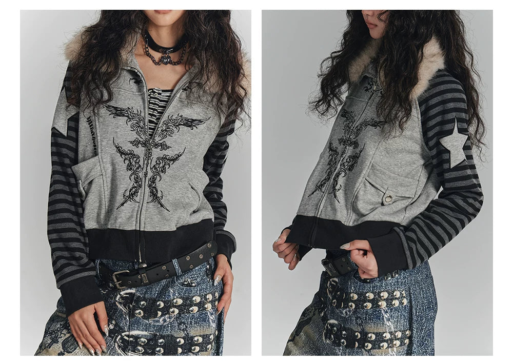 Fur Collar Patchwork Oversize Zipper Hoodie