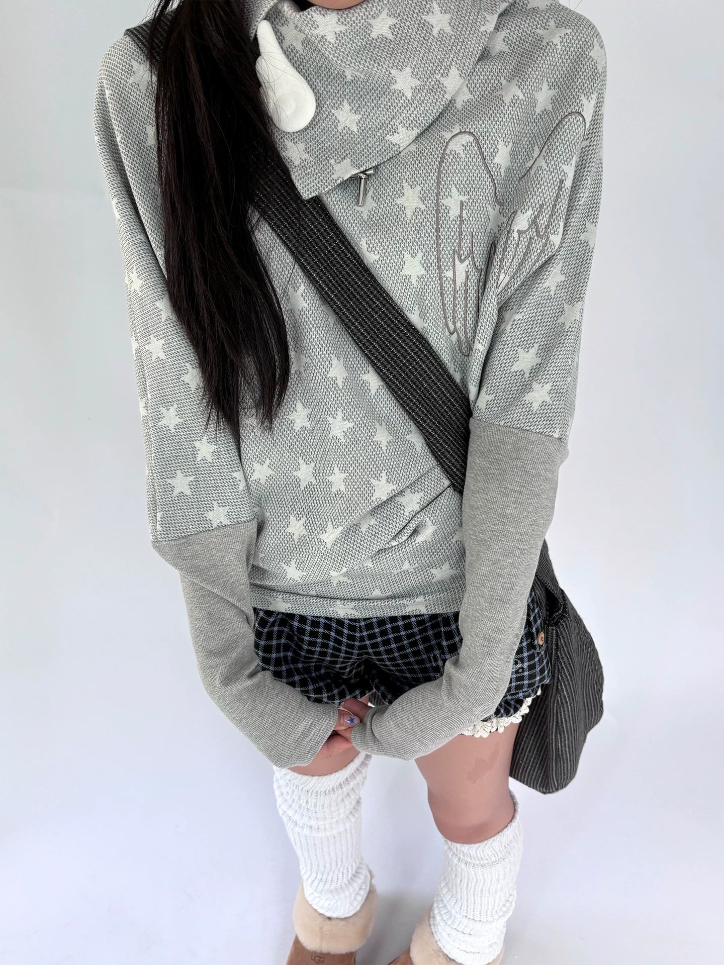 Star Print Asymmetrical High-Neck Long Sleeve T-Shirt