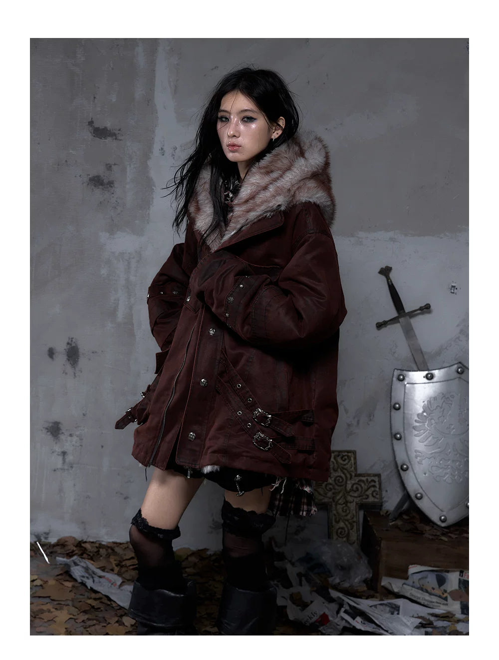 Fake Fur Hooded Multi-Pocket Buckle Detail Jacket