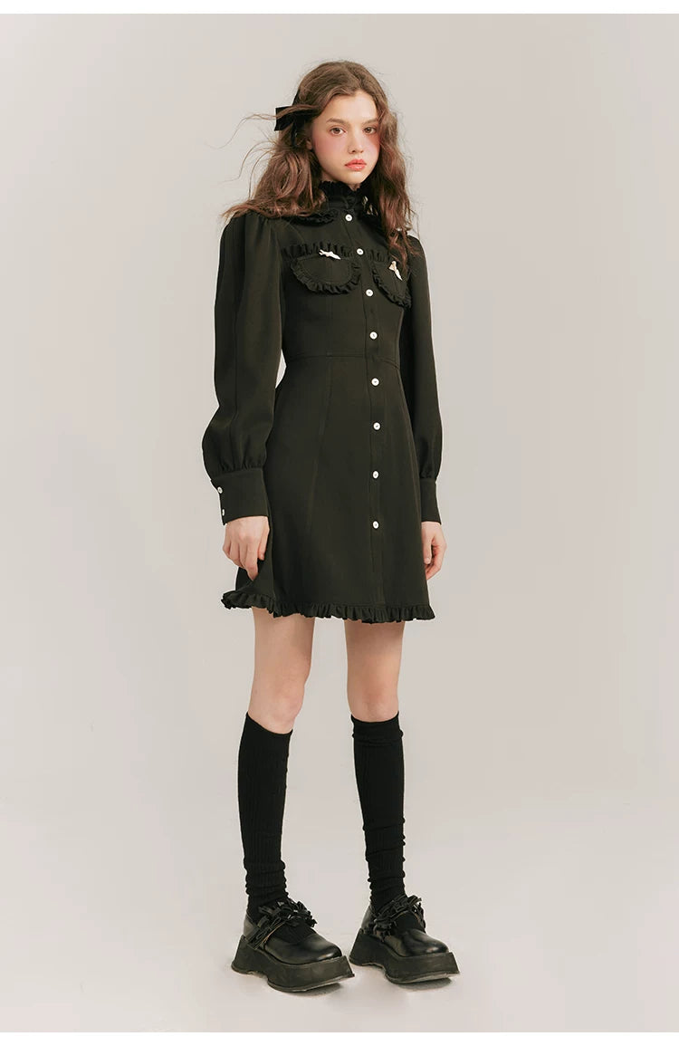 Double Neck Long Sleeve Shirt Dress
