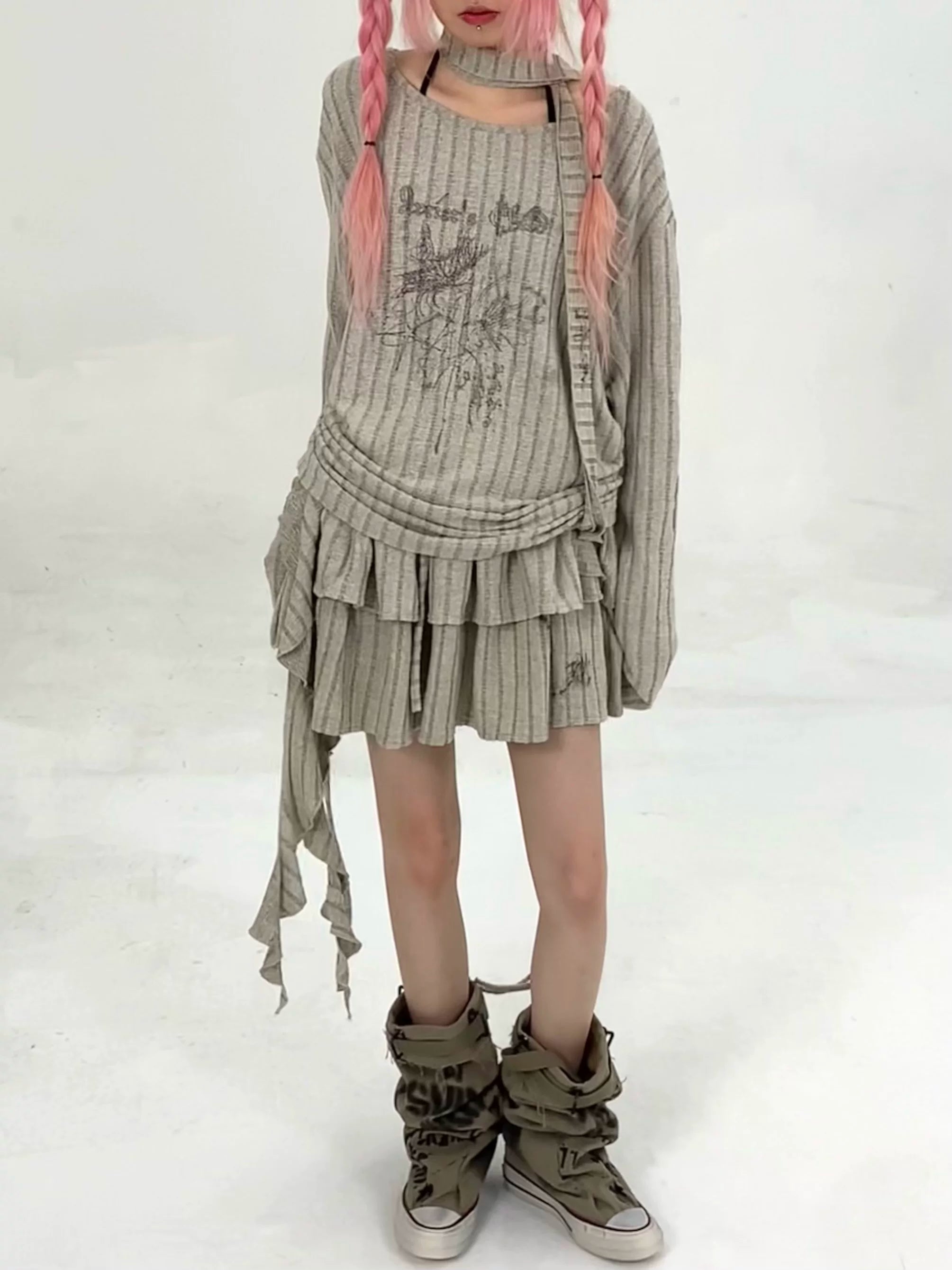 Ribbed Letter Print Strap Detail Oversize Knit Sweater