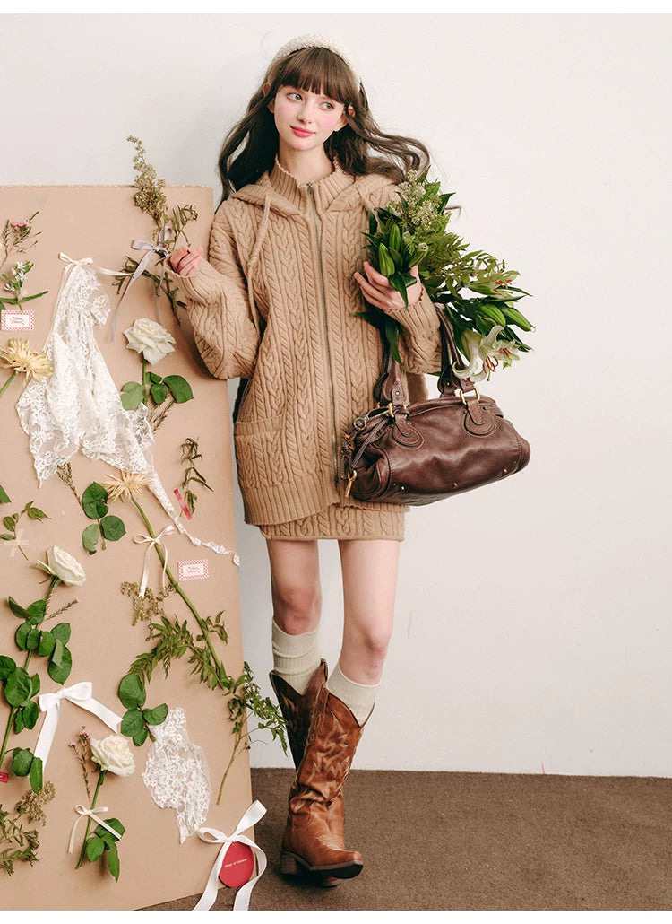 Bunny Hare Ear Hooded Zipper Knit Cardigan & Knit Skirt Setup