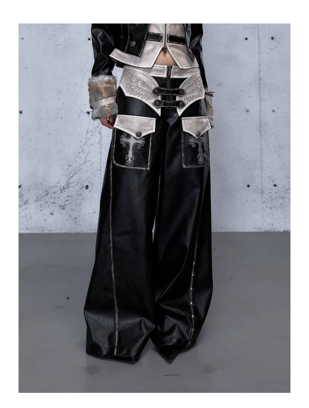 Lace Panel Buckle Detail Wide Leg PU Leather Pants