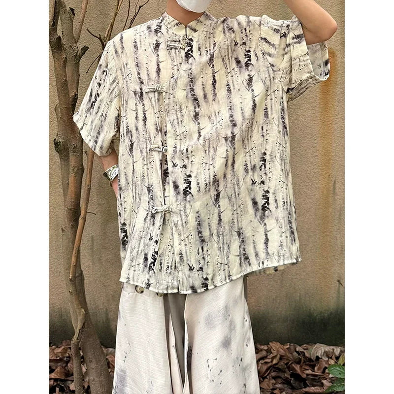 Tie-Dye Frog Button Standing-Collar Short Sleeve Shirt