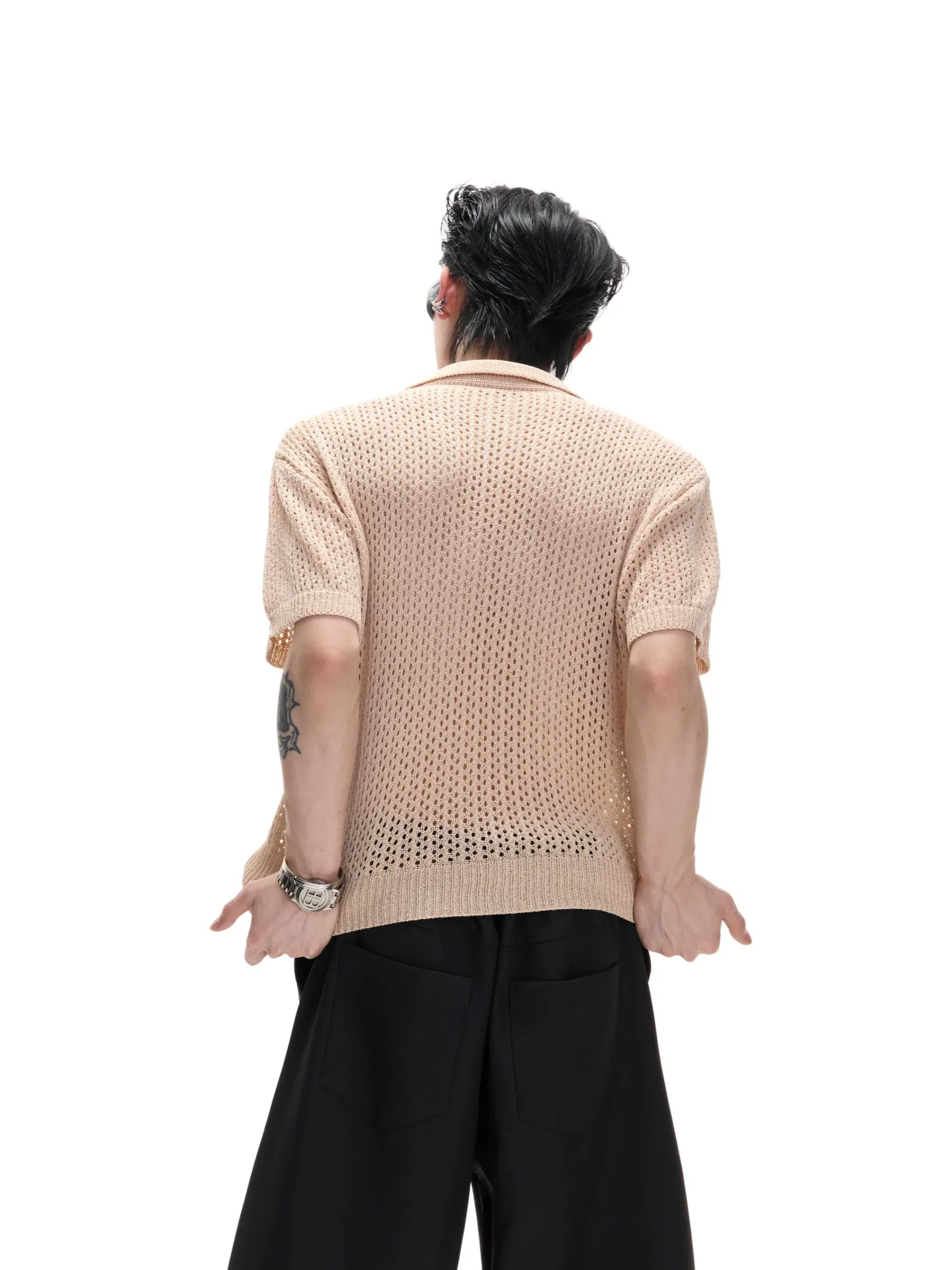 컷아웃 자카드 니트 폴로 셔츠